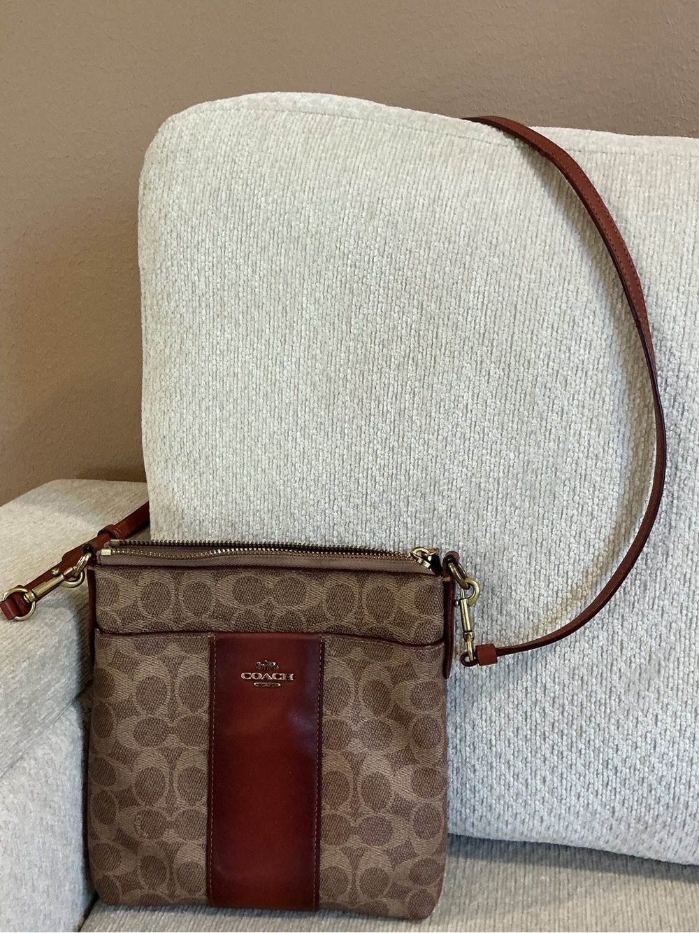 Coach Kitt Messenger Crossbody in Colorblock Signature Canvas -Tan Rust